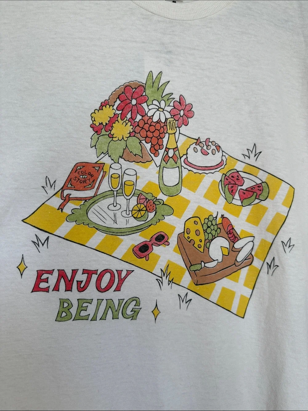 Re/Done Cream Picnic Graphic Tee with Yellow and Red Print - Picture 3 of 7